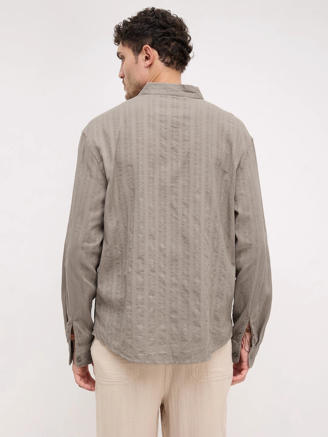 Detailed Olive Striped Stand Collar Oversized Shirt