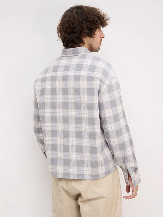 Grey & Beige Structured Check Weave Boxy Fit Crop Shirt