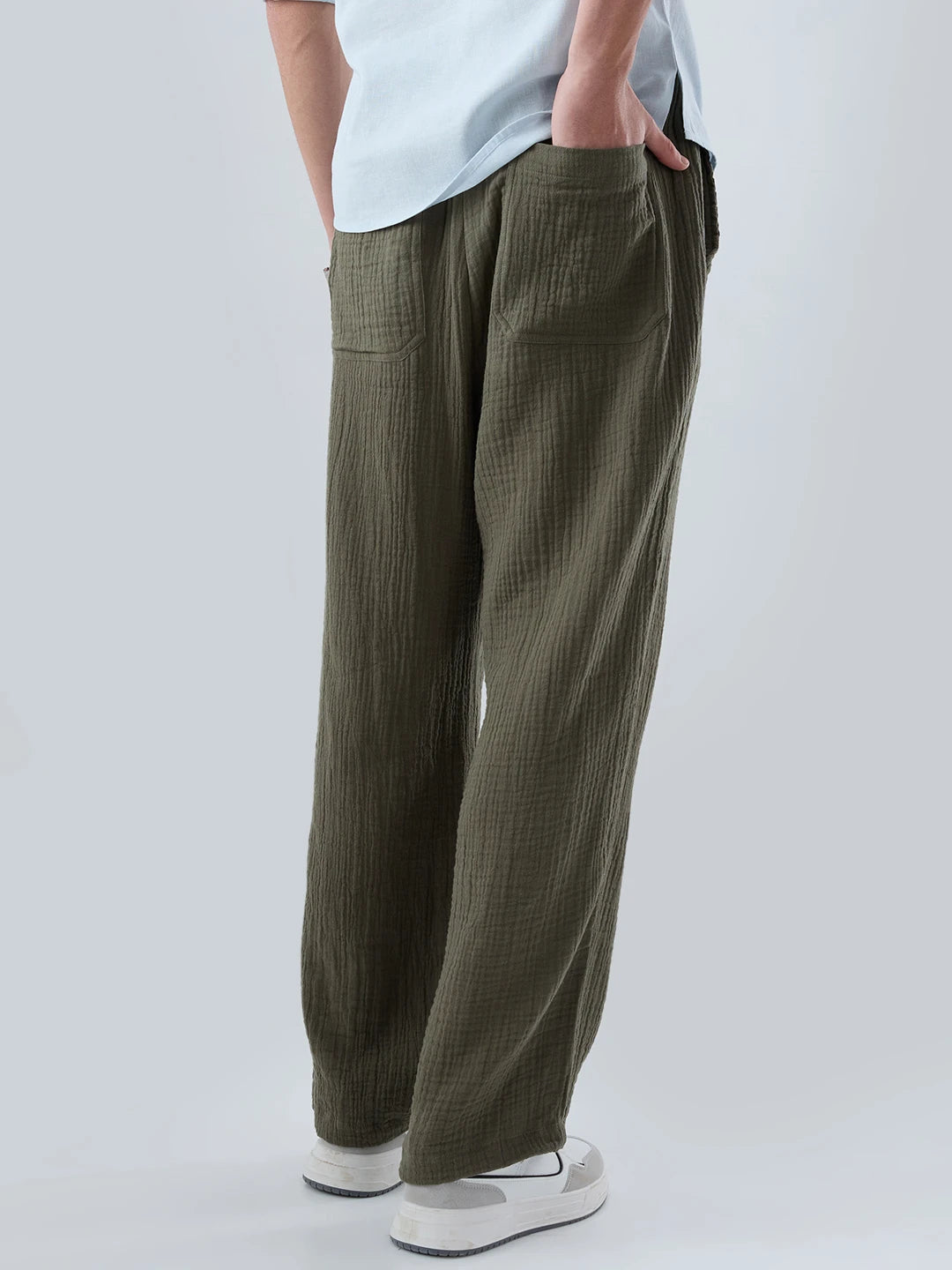 Olive Double Cloth Straight Fit Trousers