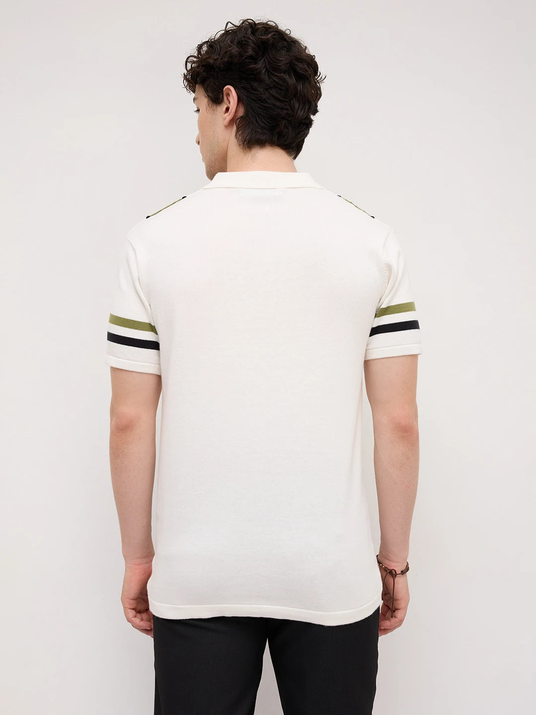 White Artisian Panel Striped Polo Zip Flat Knit T-shirt