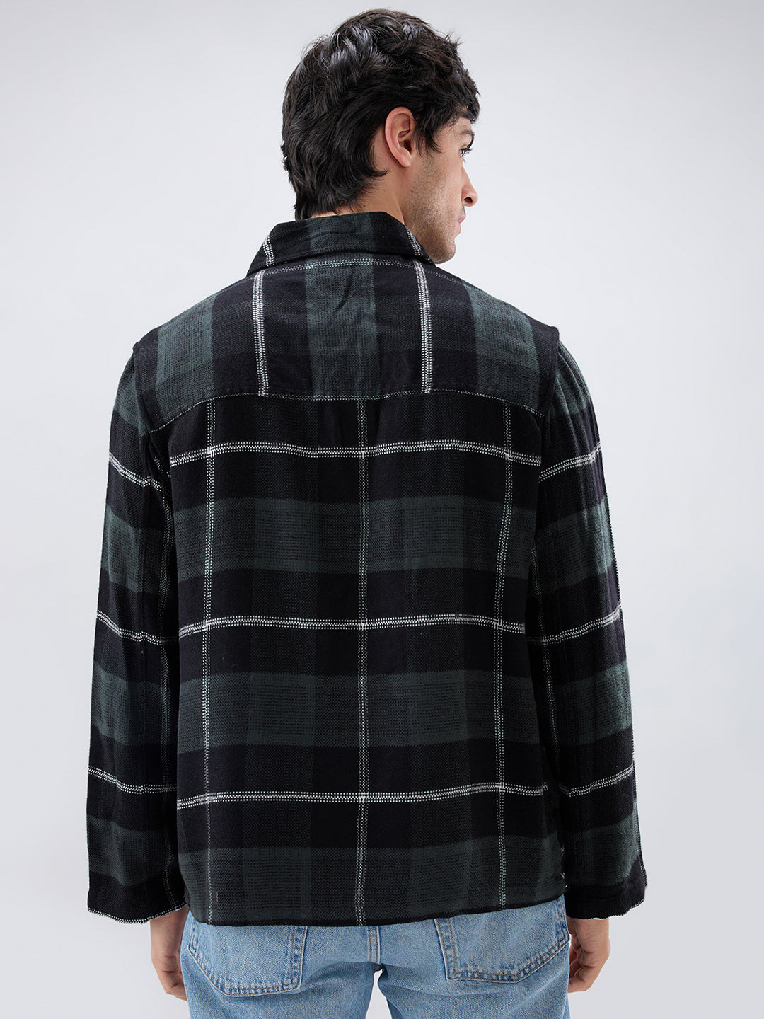 Black Flannel Plaid Checks Oversized Double Pocket Cropped Shacket