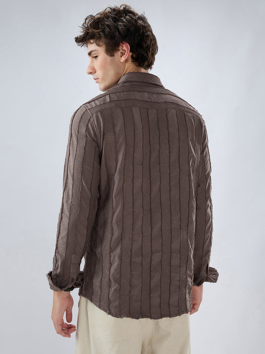 Chocolate Brown Frayed Panelled Waffle Textured Shirt
