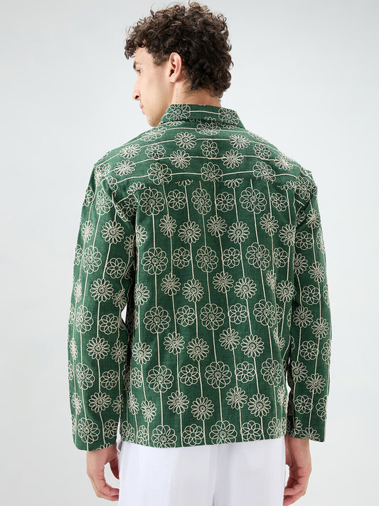 Green Floral Embroidered Oversized Polo Neck Shirt