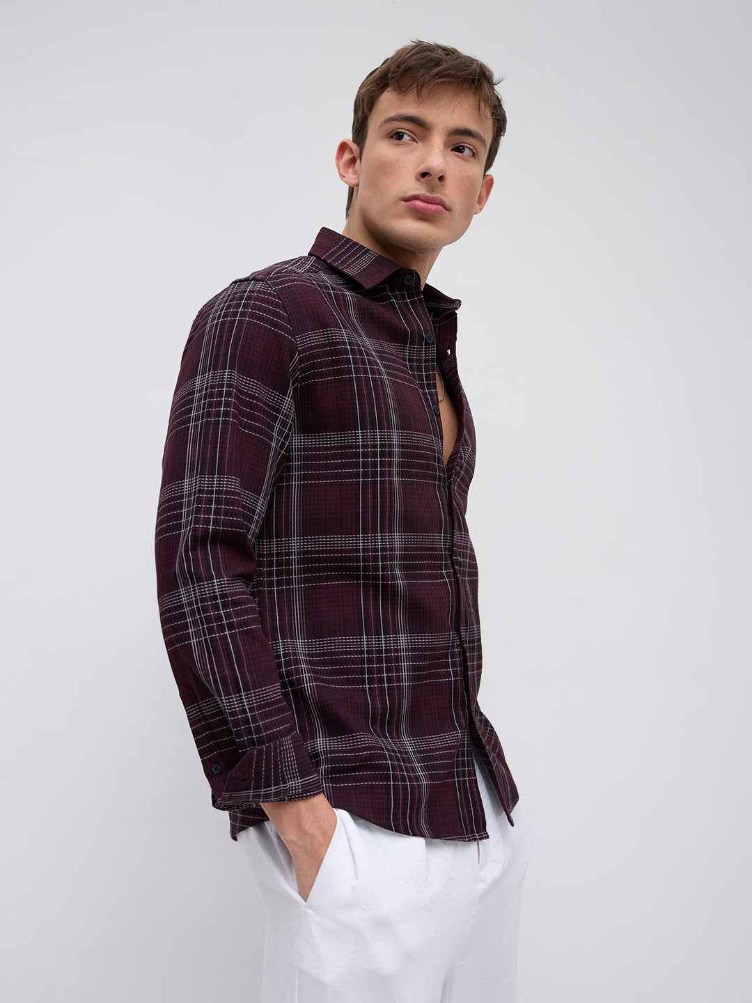 Refined Maroon & White Contrast Checks Shirt