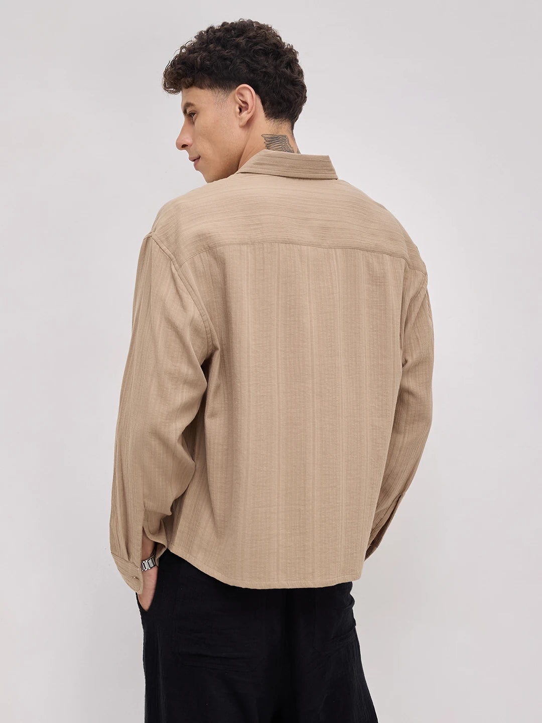 Warm Tan Double Cloth Seersucker Striped Boxy Fit Crop Shirt