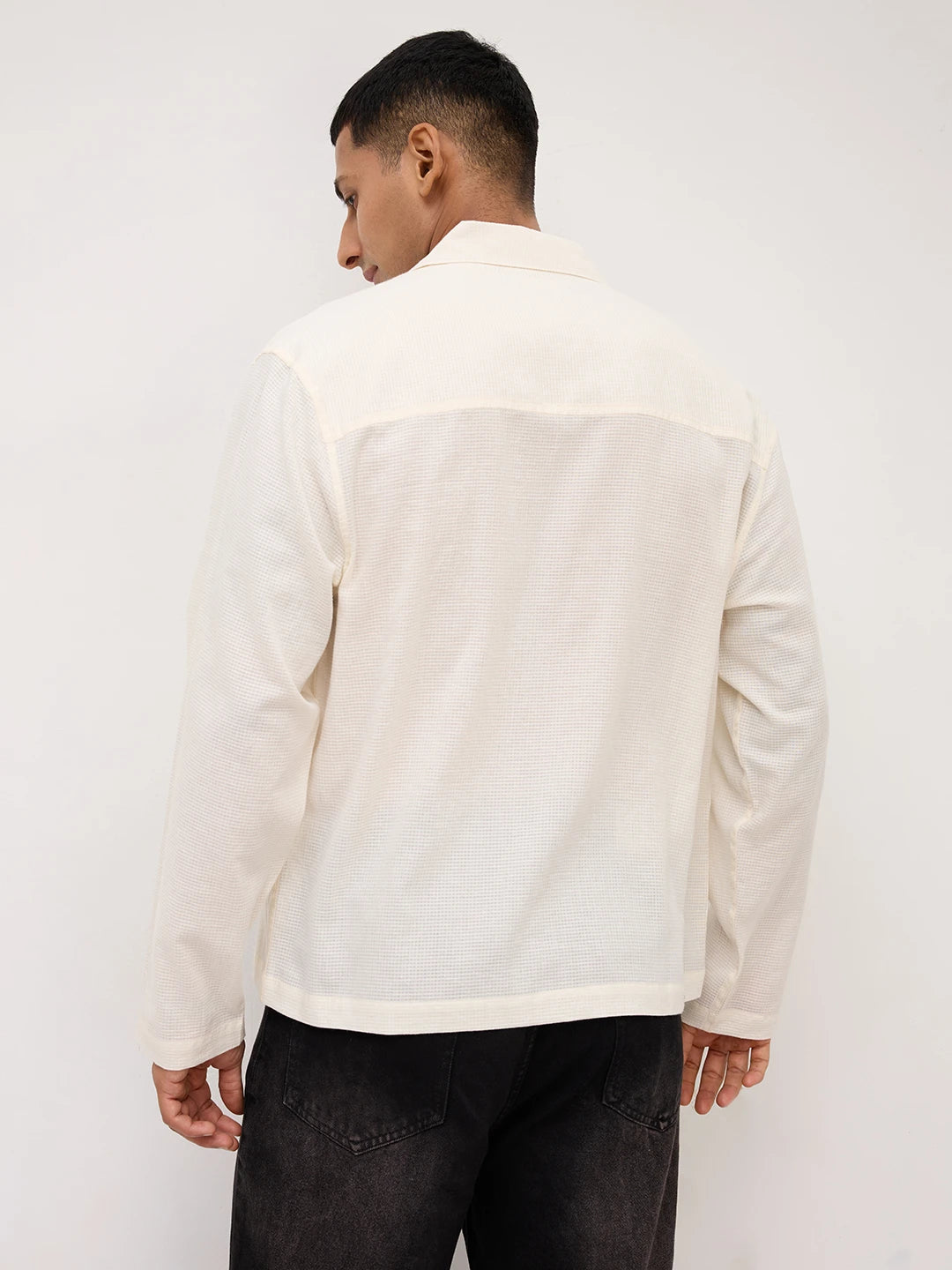 Sheer Off-White Gingham Checks Notch Collar Oversized Shirt