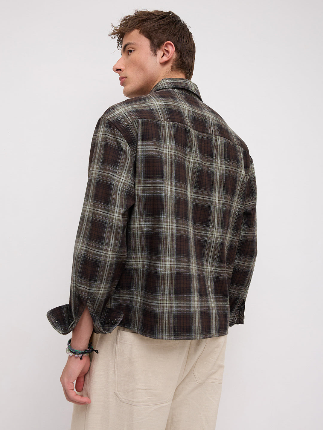 Brown & Mint Green Contrast Fine Checks Boxy Fit Crop Shirt