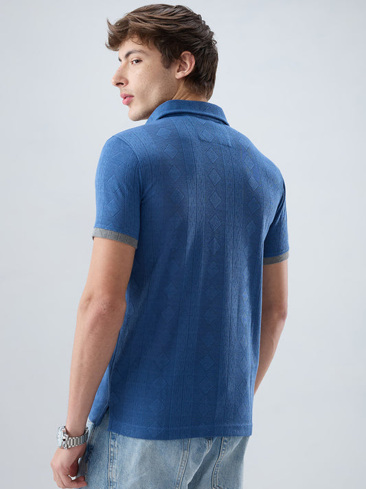 Denim Blue Constrast Polo Neck Knit T-shirt