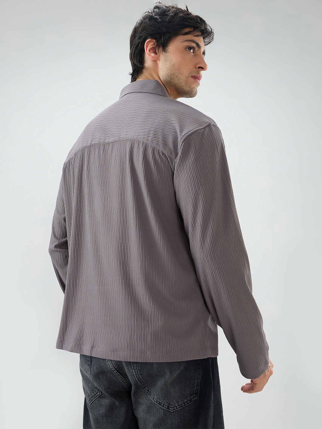 Graphite Grey Precision Rib Striped Oversized Polo Knitted Shirt