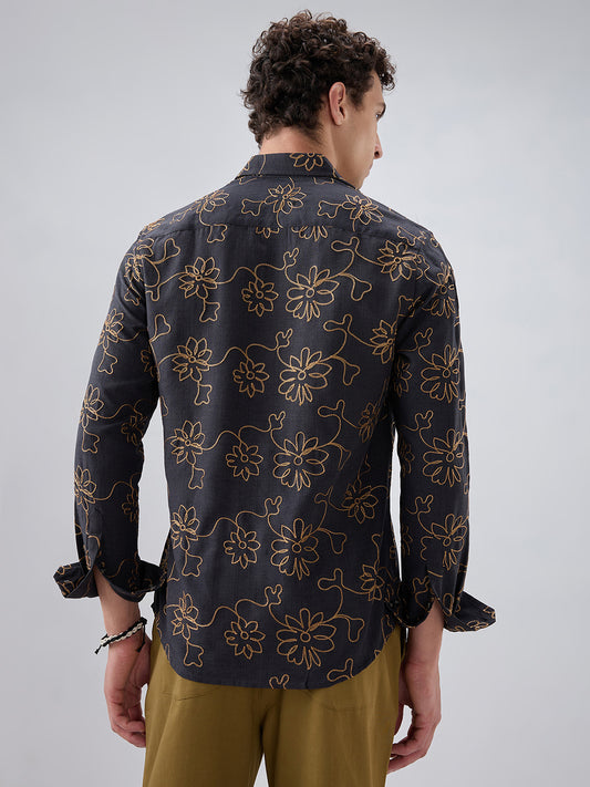 Grey Slub Textured Floral Contrast Embroidered Shirt