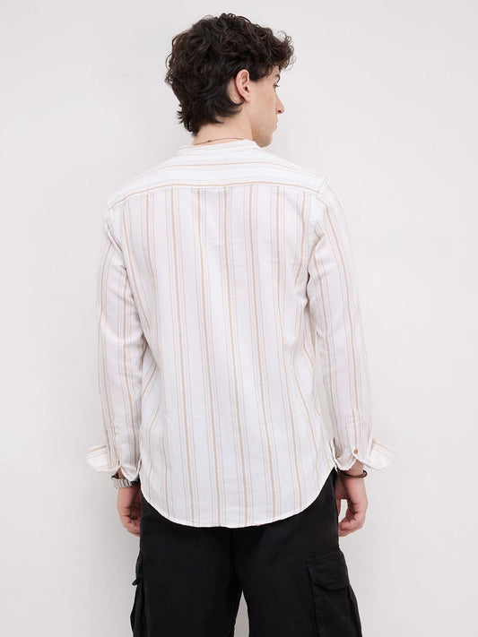 Beige & White Stripes Mandarin Shirt