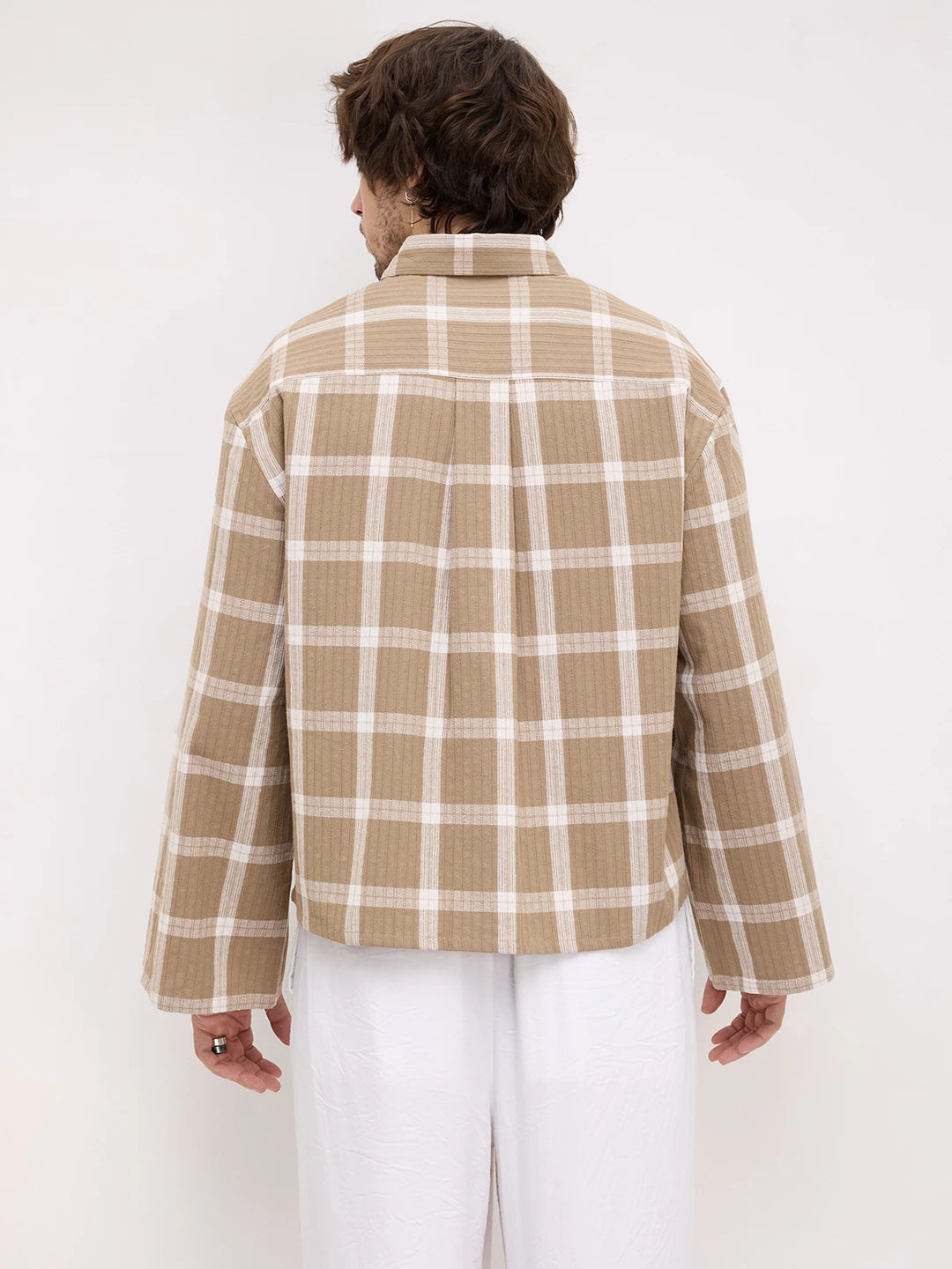 Taupe Ladder Striped Windowpane Checks Cuffless Oversized Crop Shirt