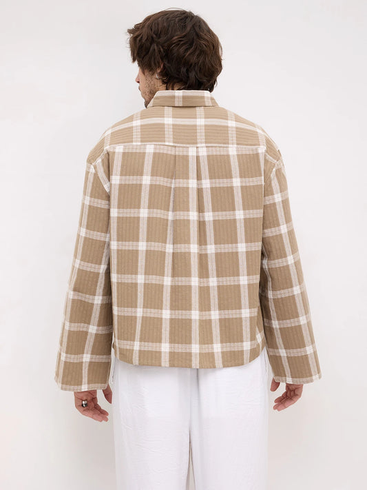 Taupe Ladder Striped Windowpane Checks Cuffless Oversized Crop Shirt