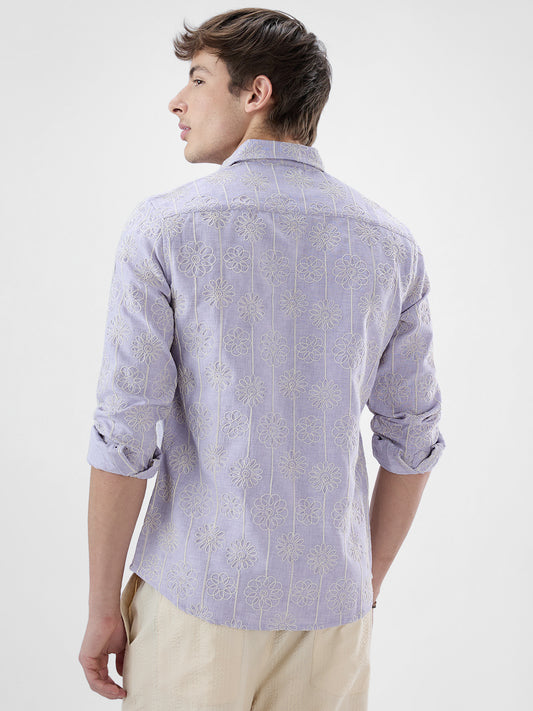Soft Lilac Floral Embroidered Slub Shirt