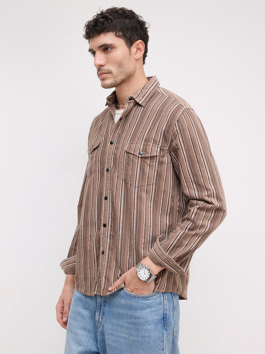 Rustic Bark Brown Multi-Stripe Twin Pocket Corduroy Shirt