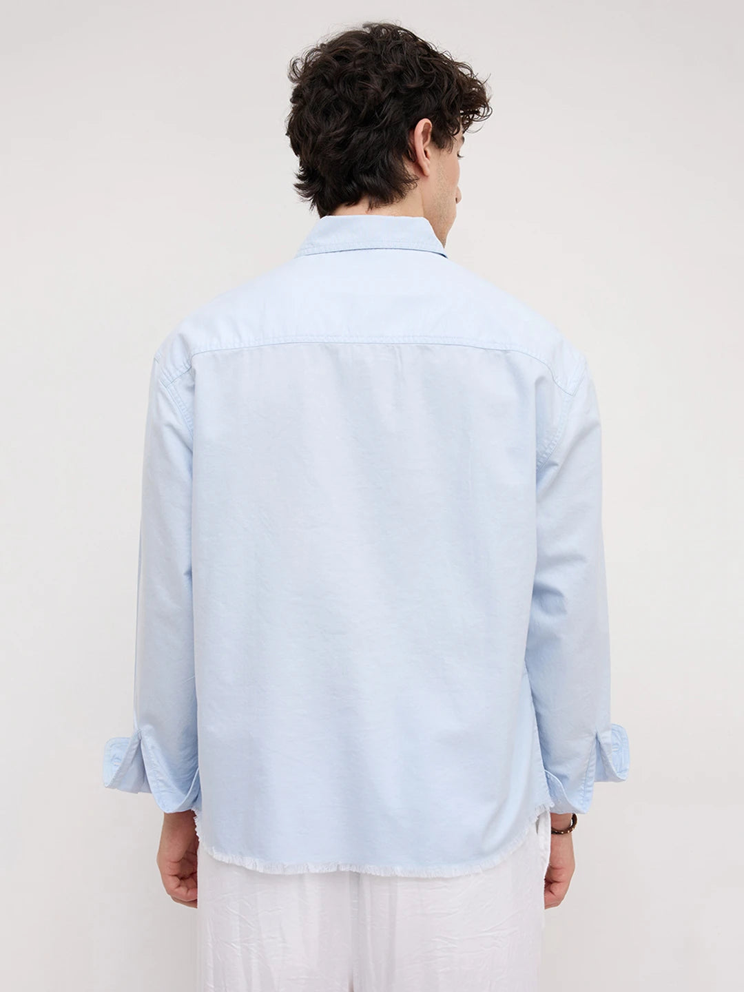 Carolina Blue Fine Textured Frayed Boxy Fit Crop Shirt