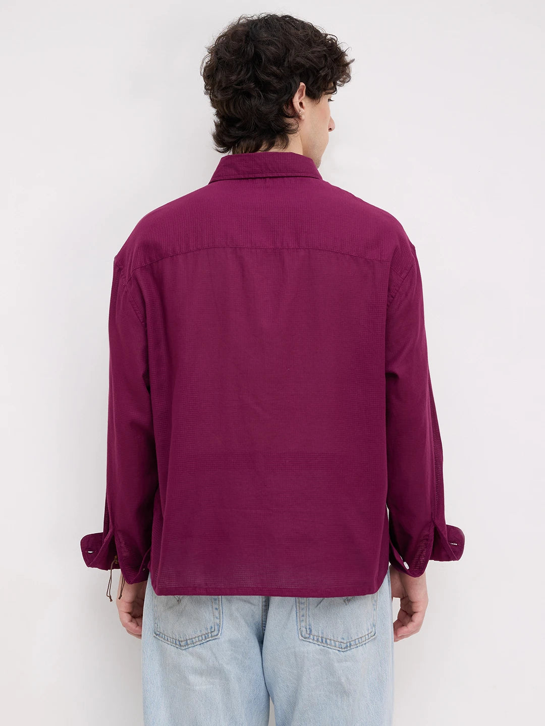 Luxe Maroon Micro Square Textured Boxy Fit Crop Shirt