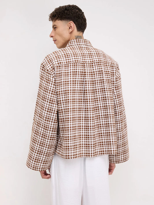 Rich Brown Crosshatch Checks Cuffless Oversized Crop Shirt