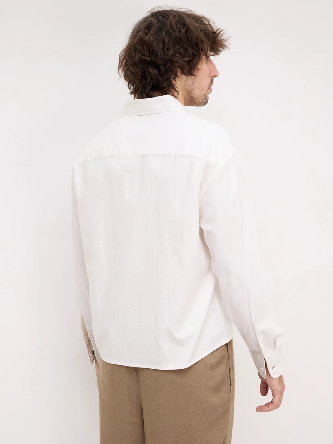 Pure White Herringbone Textured Boxy Fit Crop Shirt