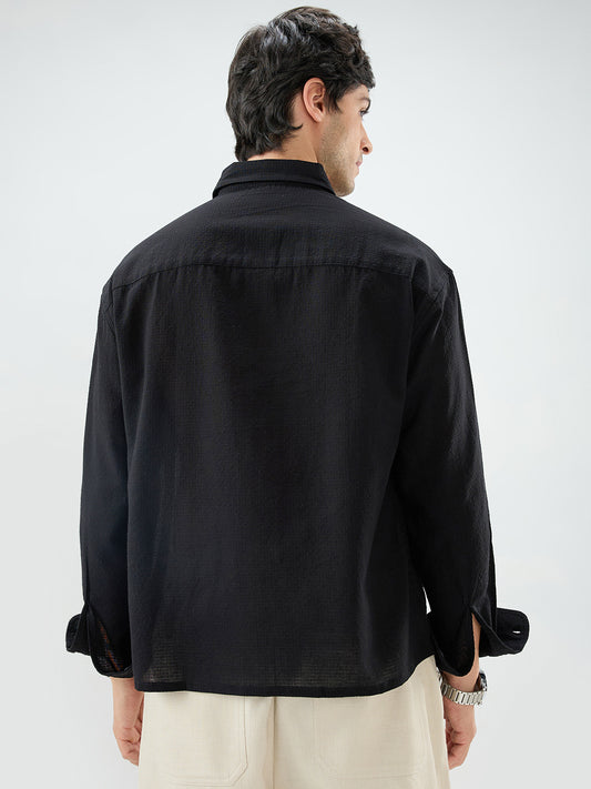 Jet Black Sheer Weave Boxy Fit Crop Shirt