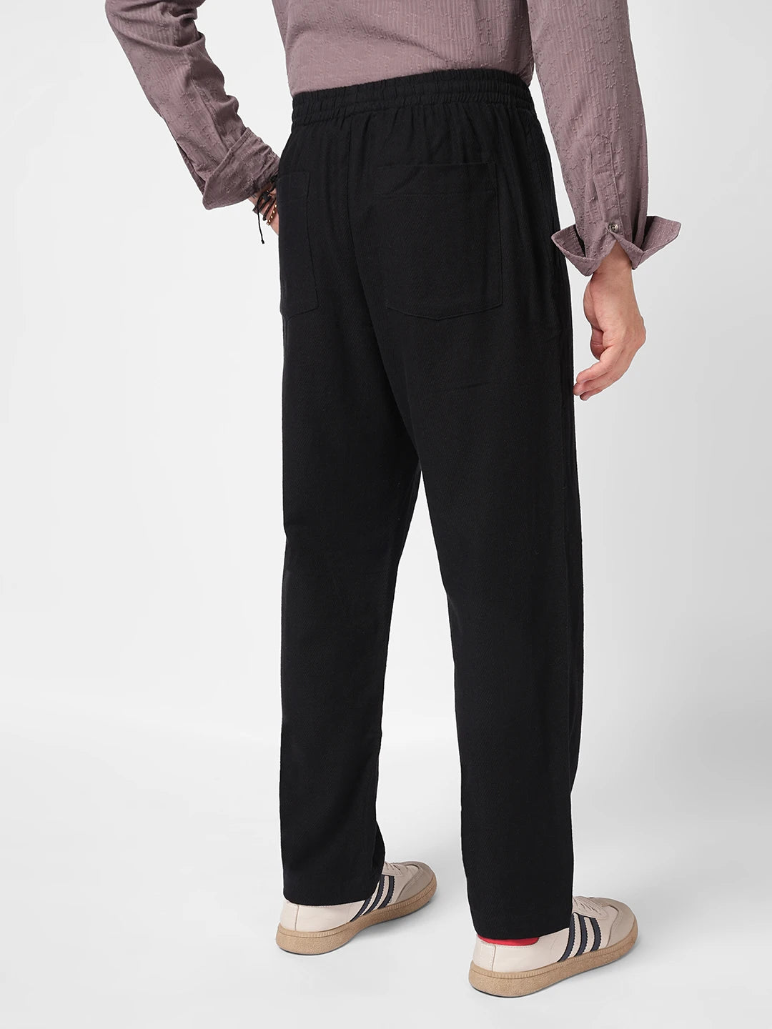 Black Diagonal Twill Textured Tapered Trousers