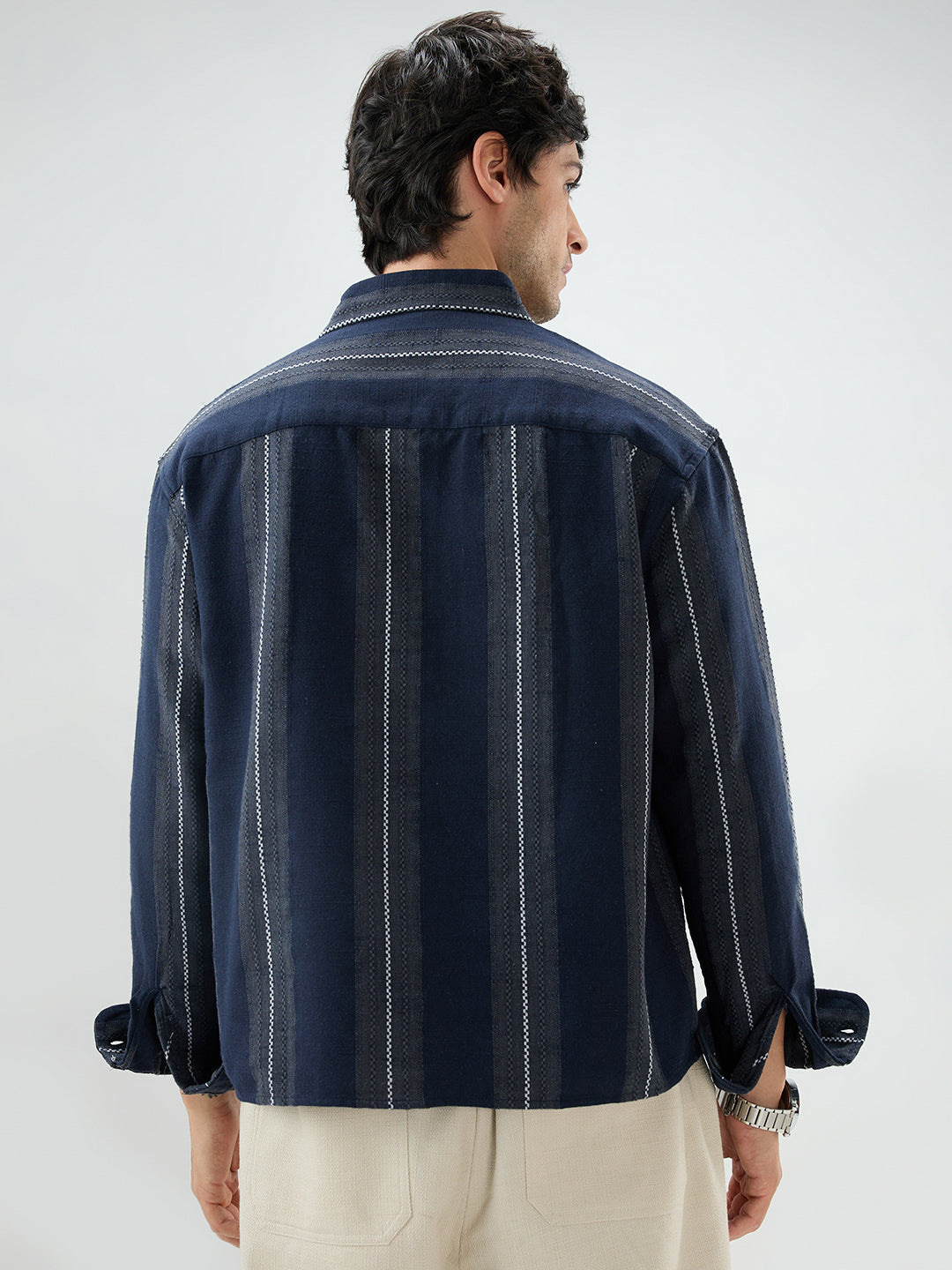 Navy Contrast Panel Fine Weave Boxy Fit Crop Shirt