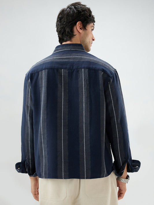 Navy Contrast Panel Fine Weave Boxy Fit Crop Shirt