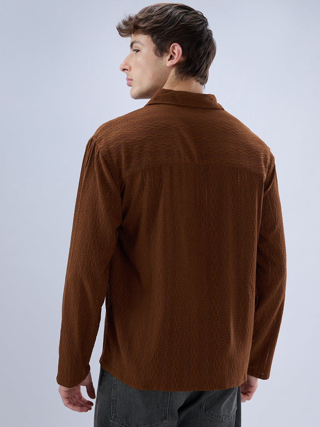 Luxe Brown Fine Lozenge Weave Polo Oversized Shirt