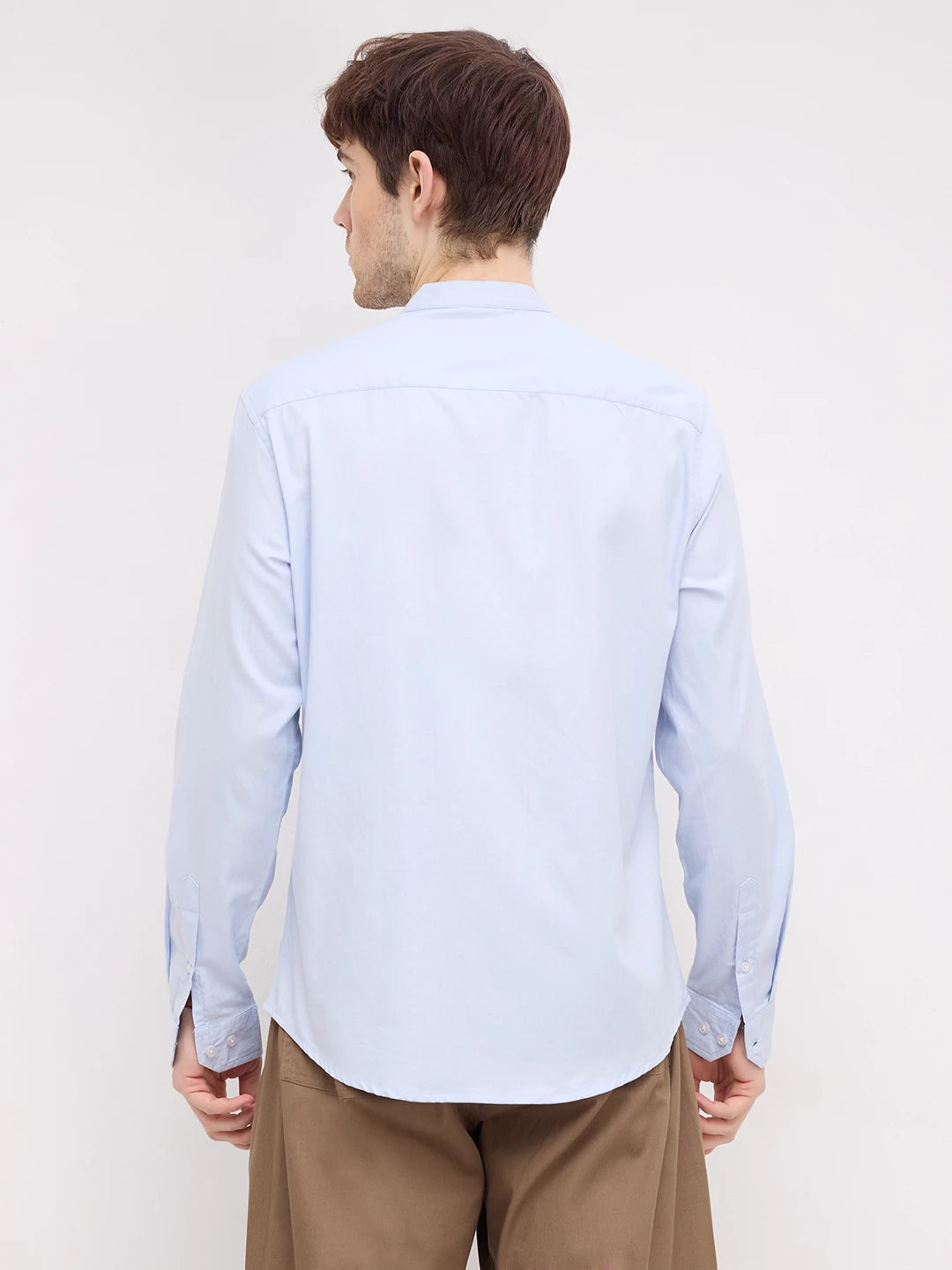 Pastel Blue Herringbone Textured Mandarin Shirt
