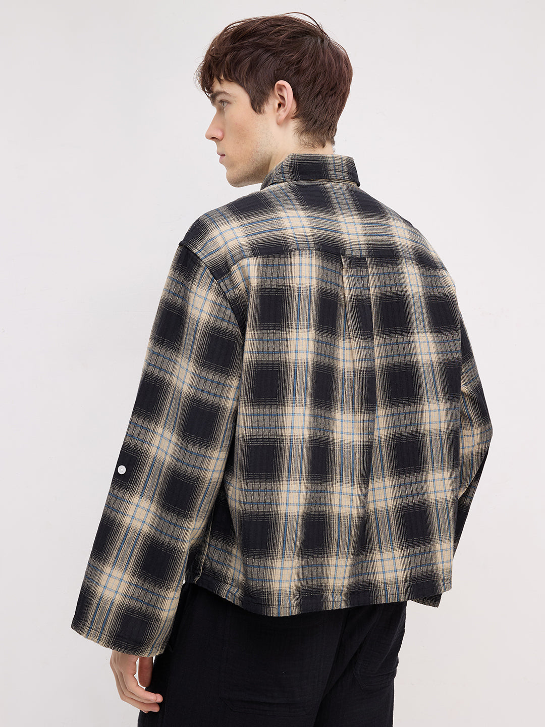Rich Black & Blue Plaid Checks Cuffless Oversized Crop Shirt