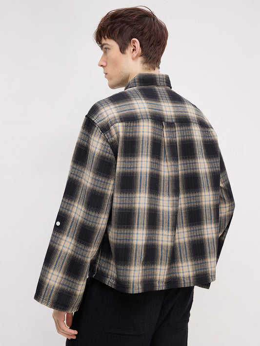 Rich Black & Blue Plaid Checks Cuffless Oversized Crop Shirt