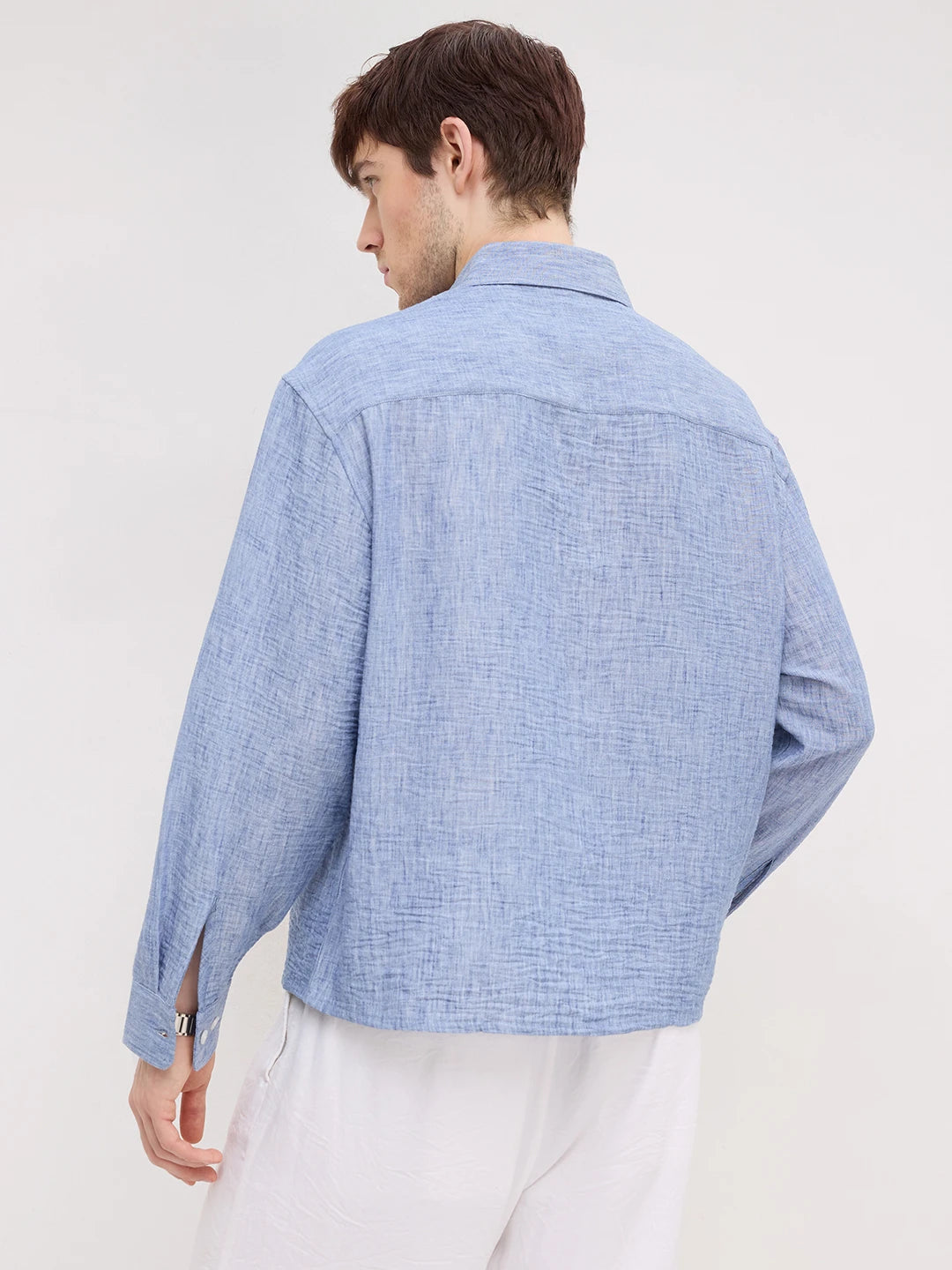 Royal Blue Textured Boxy Fit Crop Shirt