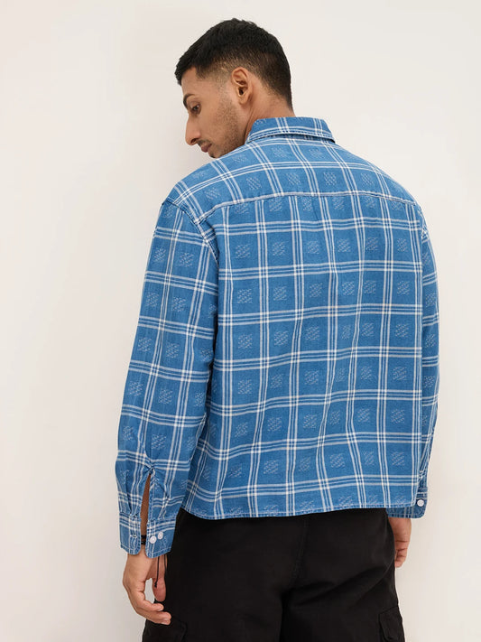 Denim Contrast Frame Checks Boxy Fit Crop Shirt