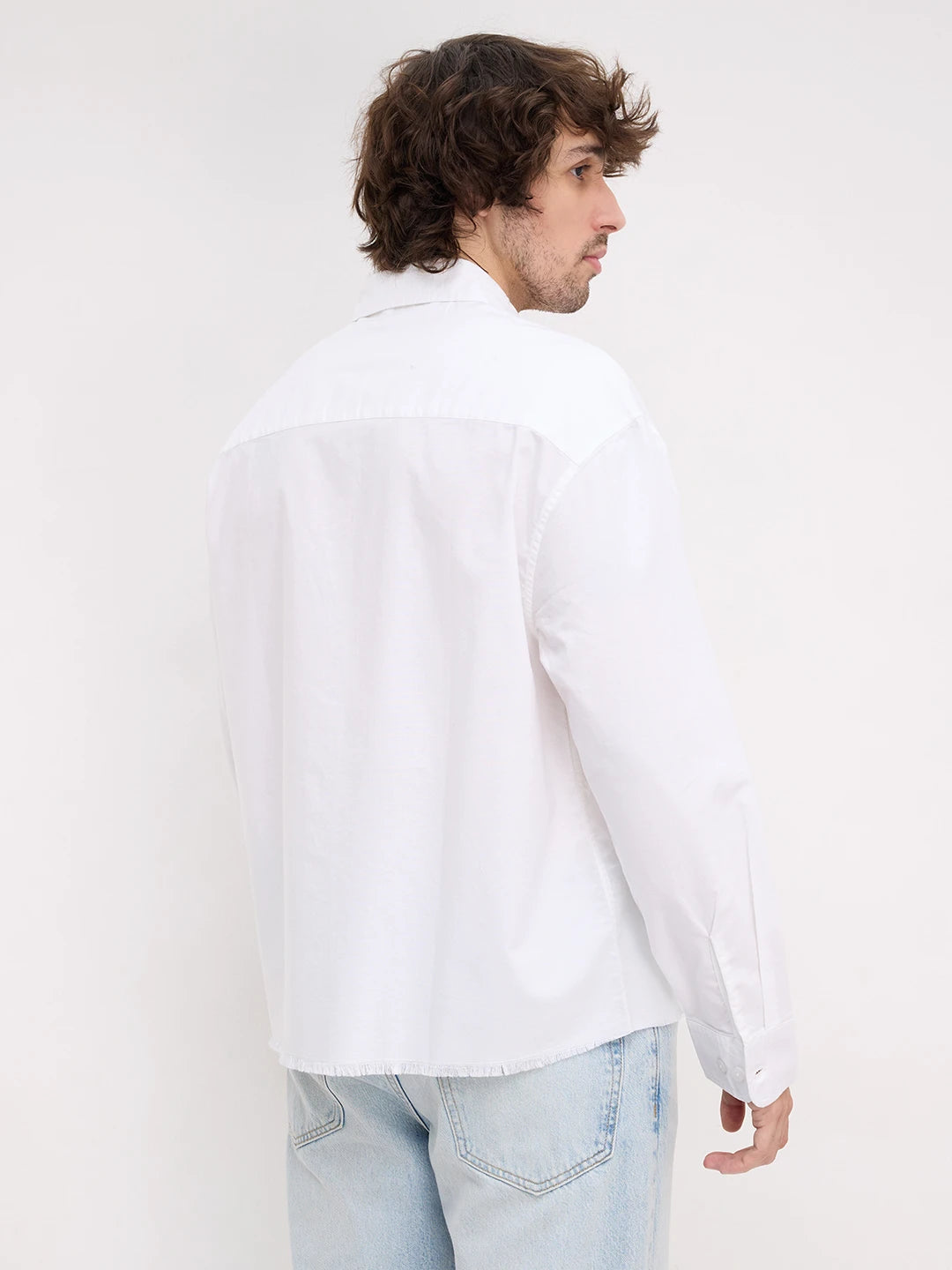 Solid Pearl White Oxford Distressed Hem Boxy Fit Crop Shirt
