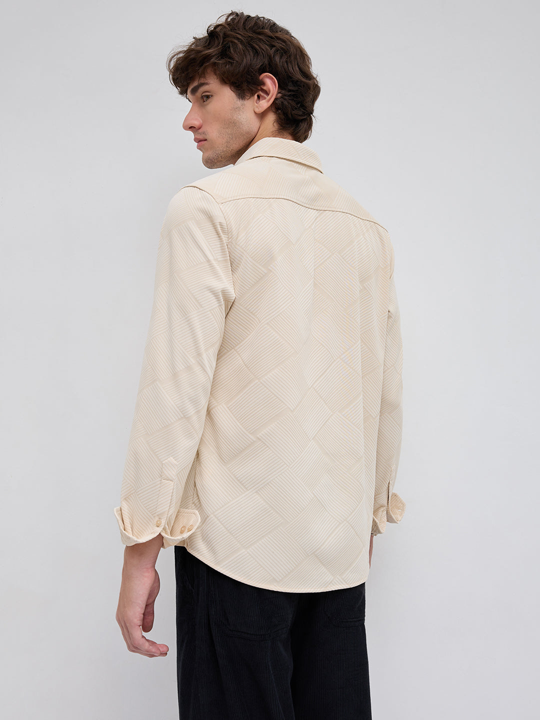 Intricate Beige Block Weave Knitted Shirt