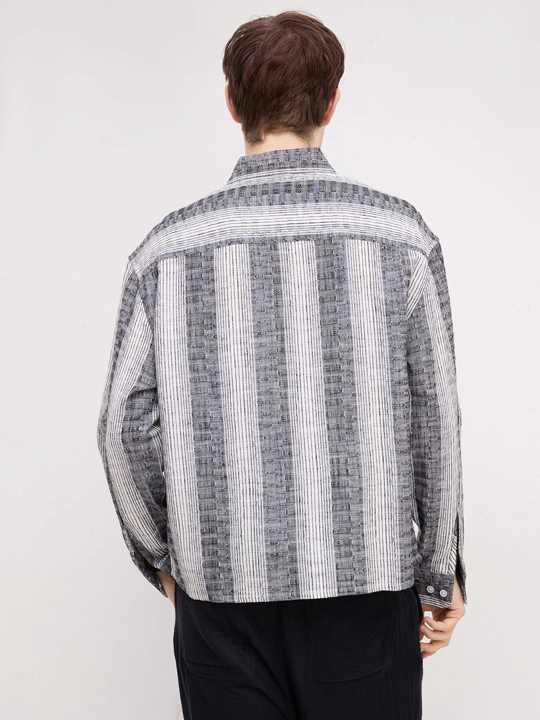Intricate Charcoal Grey Striped Boxy Fit Crop Shirt
