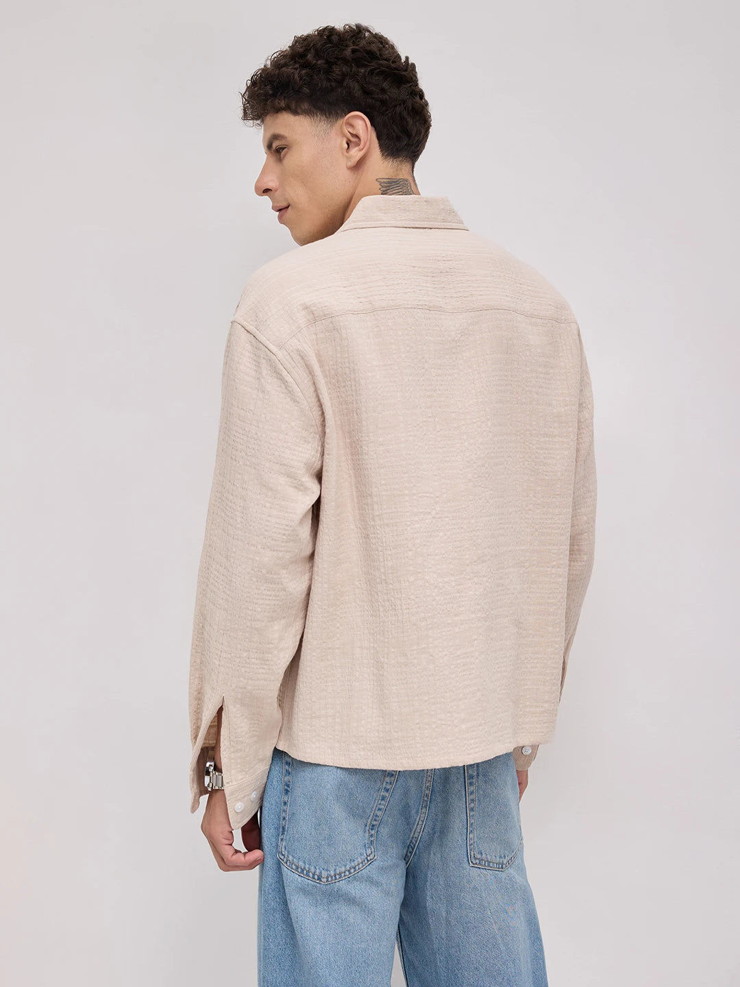 Beige Double Cloth Gauze Textured Boxy Fit Crop Shirt