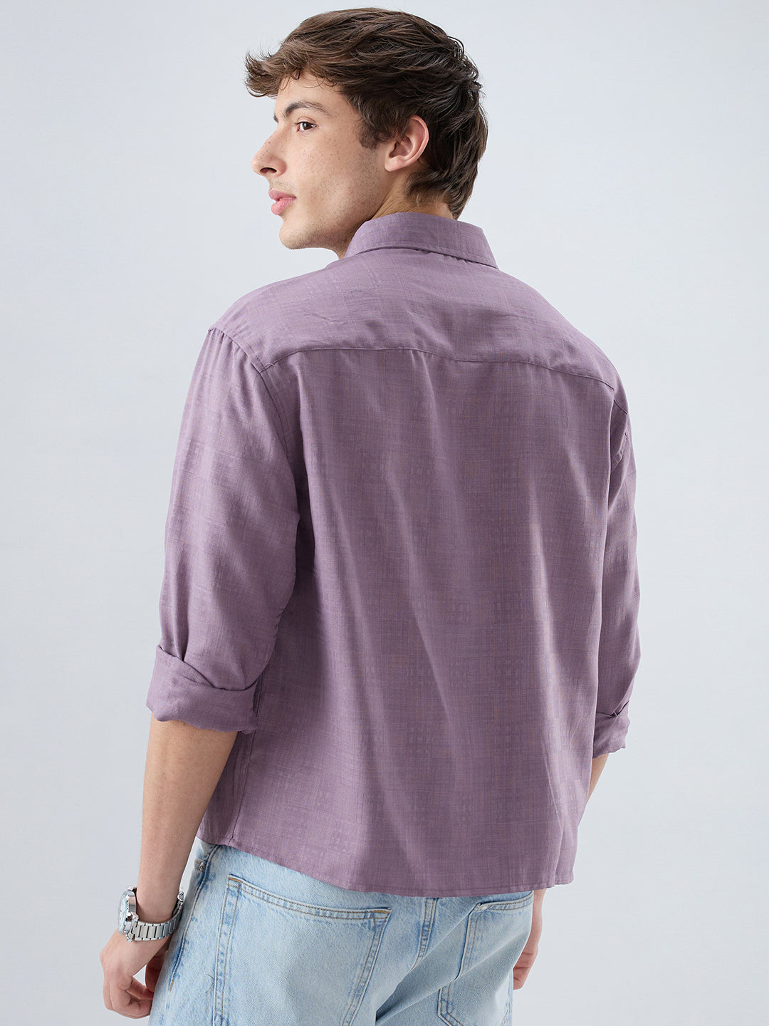 Heather Purple Soft Grid Textured Boxy Fit Crop Shirt