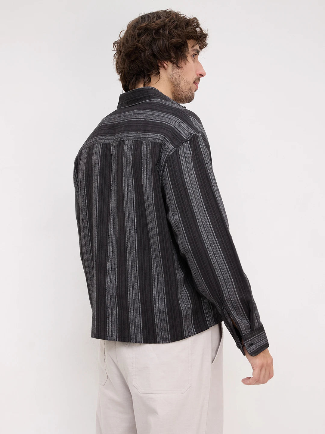 Black Metallic Microline Vertical Loom Boxy Fit Crop Shirt