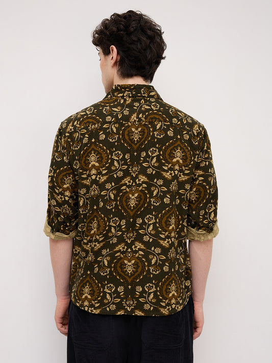 Olive Floral Paisley Printed Double Pocket Corduroy Shirt