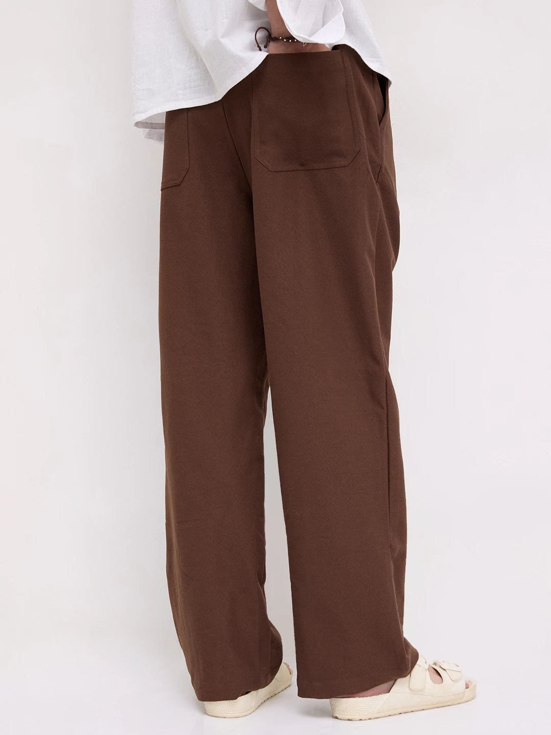 Chocolate Brown Diagonal Textured Knitted Straight Leg Trousers