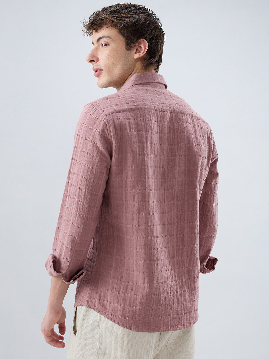 Dusty Peach Box Weave Seersucker Double Cloth Shirt