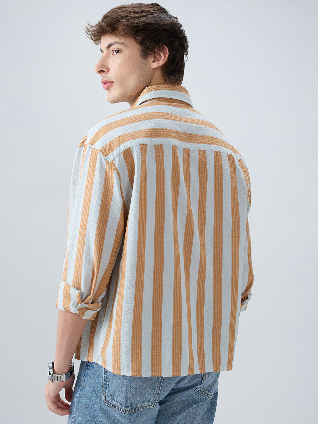 Orange & Blue Seersucker Awning Stripe Boxy Fit Crop Shirt