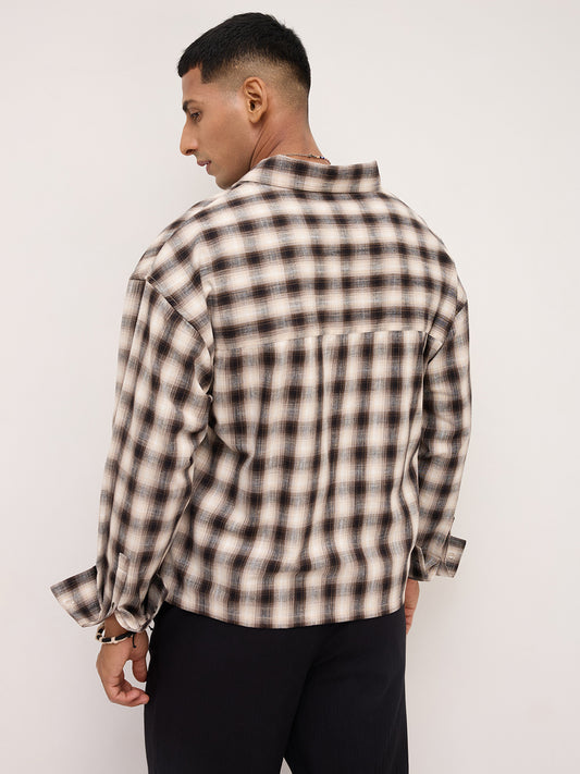 Beige & Black Tartan checks Double pocket Boxy Fit Crop Shirt