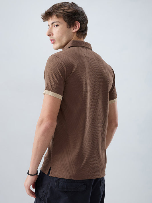 Coffee Brown Contrast Polo Neck Knit T-shirt