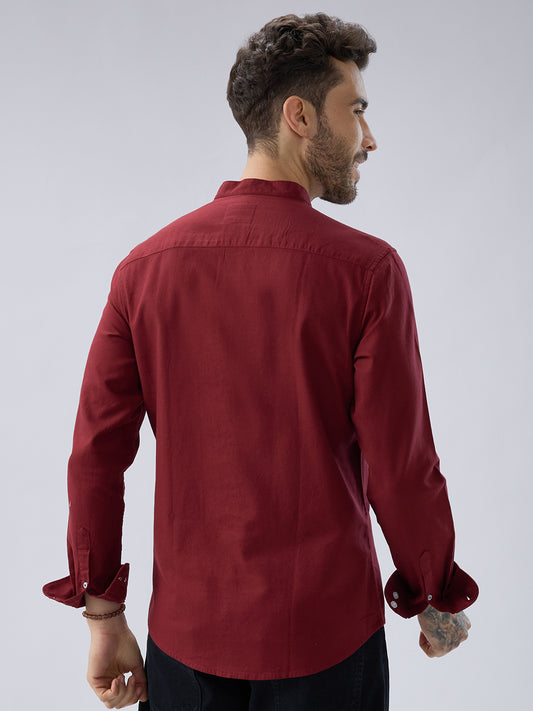 Elegant Berry Red Mandarin Collar Shirt
