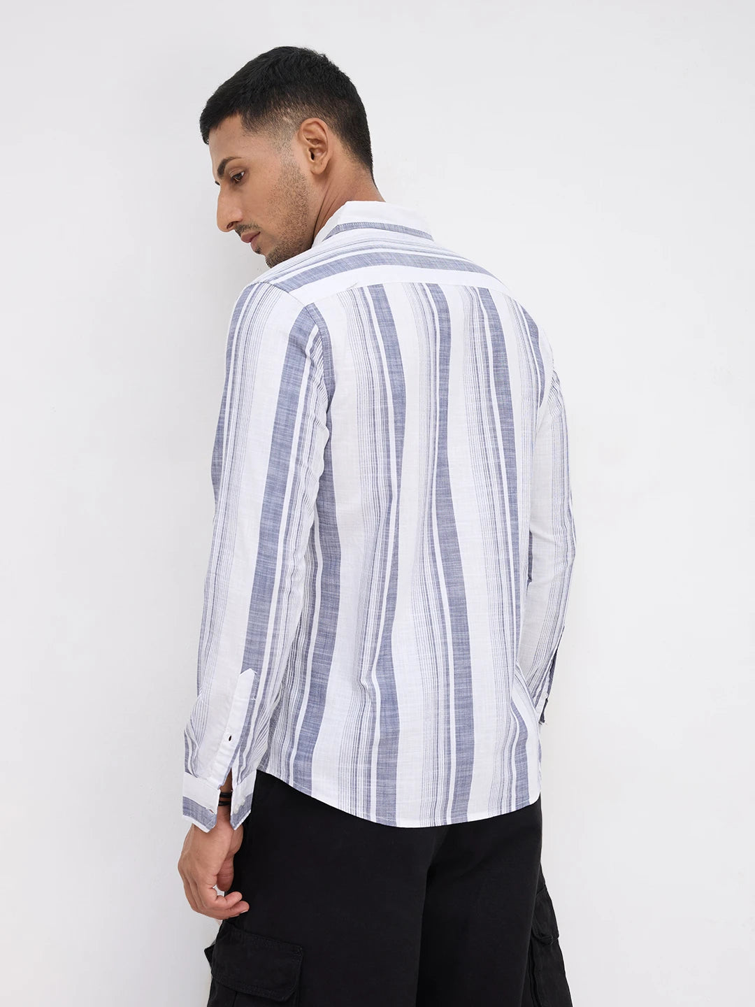 White & Navy Broad Striped Shirt