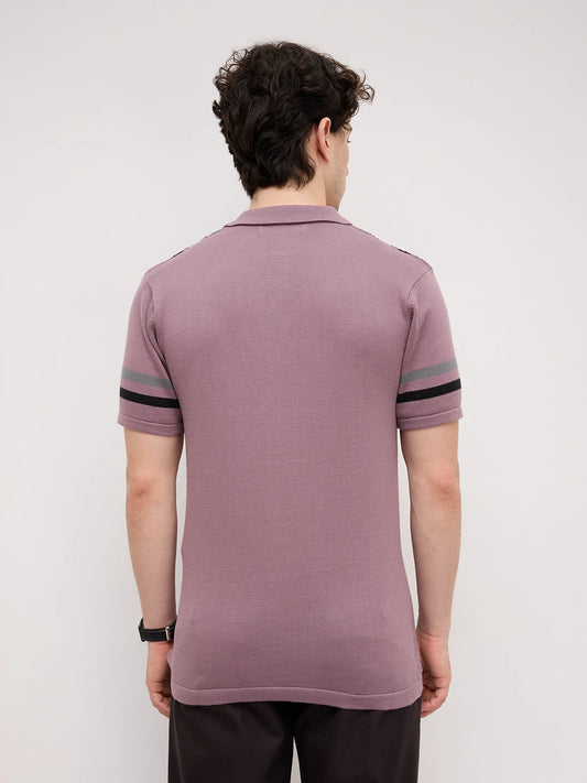 Mauve Ladder Striped Zip Flat Knit Polo T-Shirt