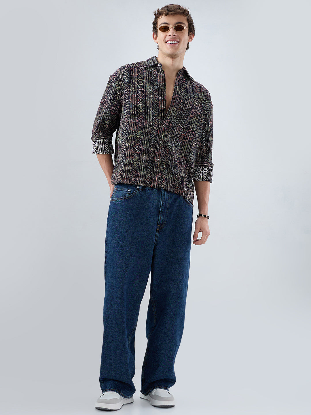 Noor Drop Black Sequin Lozenge Embroidered Boxy Fit Crop Shirt