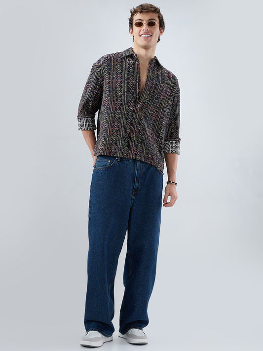 Noor Drop Black Sequin Lozenge Embroidered Boxy Fit Crop Shirt